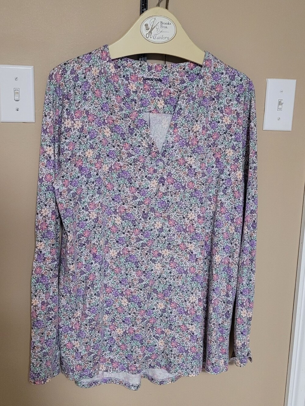 Lands' End Lavender Floral Split V-Neck Long Sleeve Top